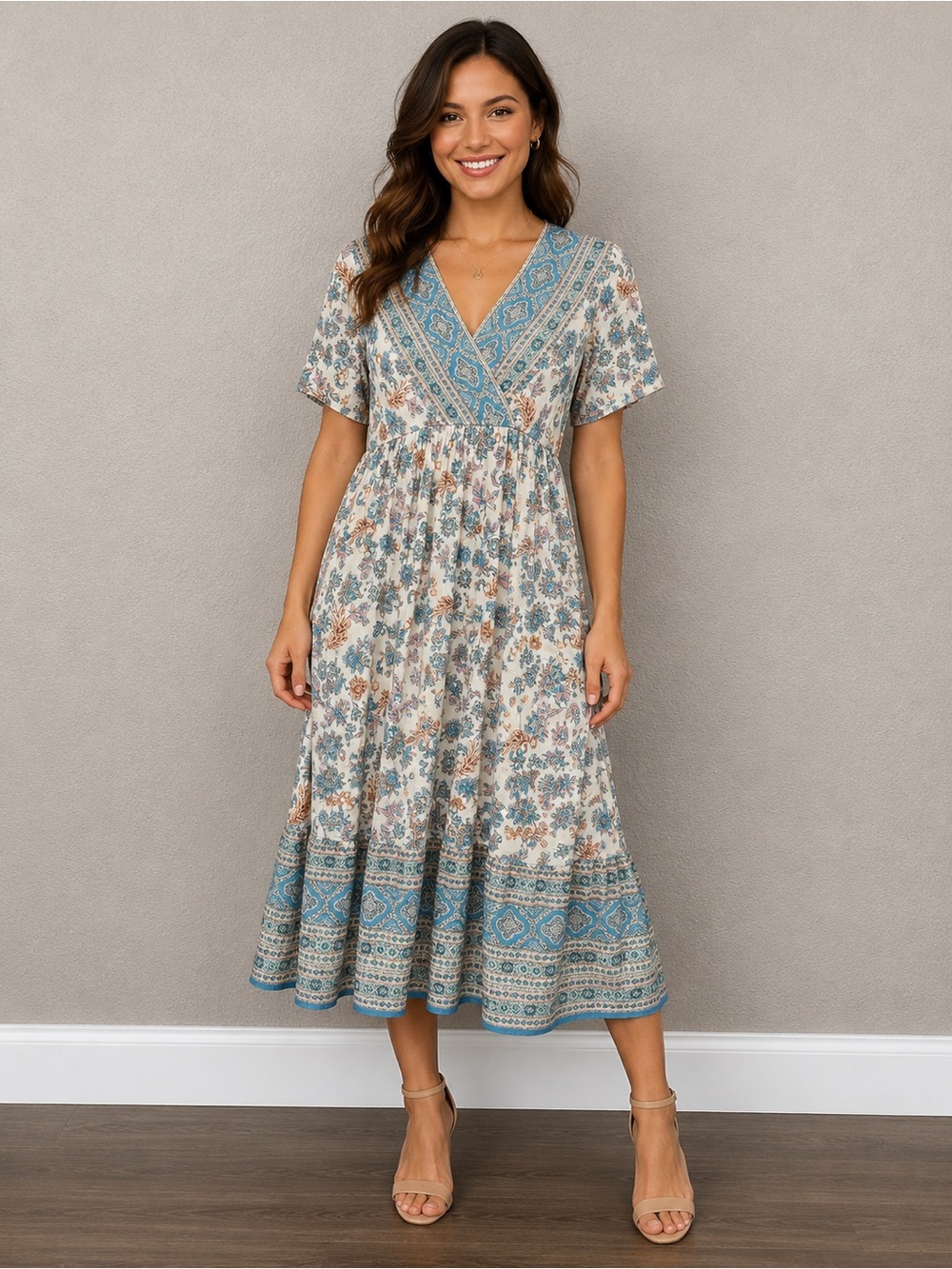 NWT Blue Floral V-Neck Midi Dress